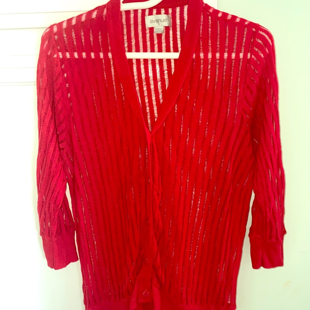 Red Sheer Striped Cardigan From the Avenue Sz14/16